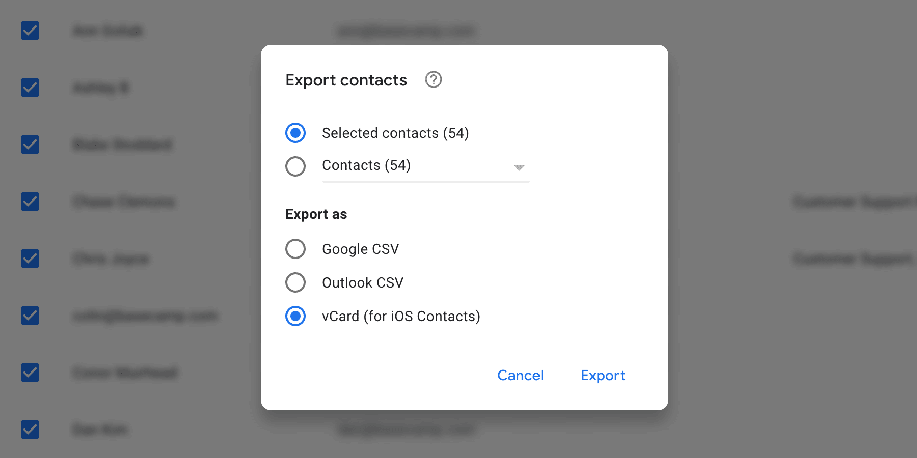 Picking the export file type in Google Contacts