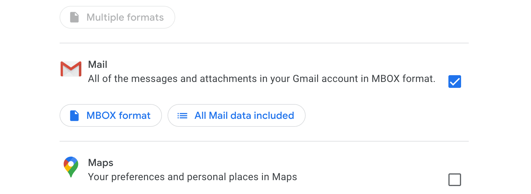 Selecting Mail in Google Takeout