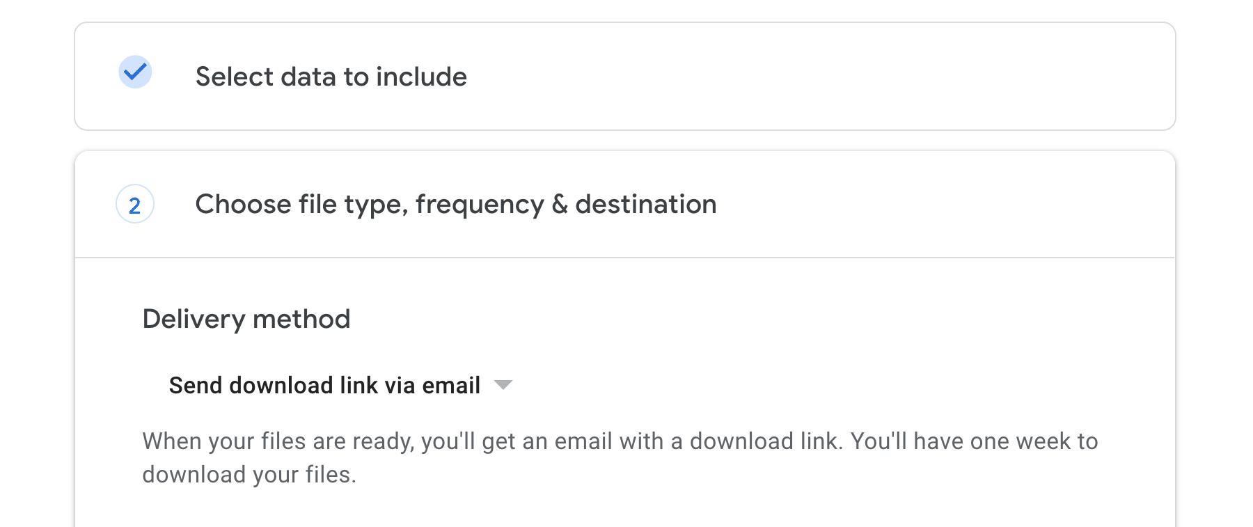 Choosing delivery options in Google Takeout